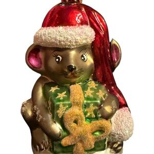 RADKO - 1998 Festive Mouse Ornament with Santa Hat - Blown Glass Ornament EUC